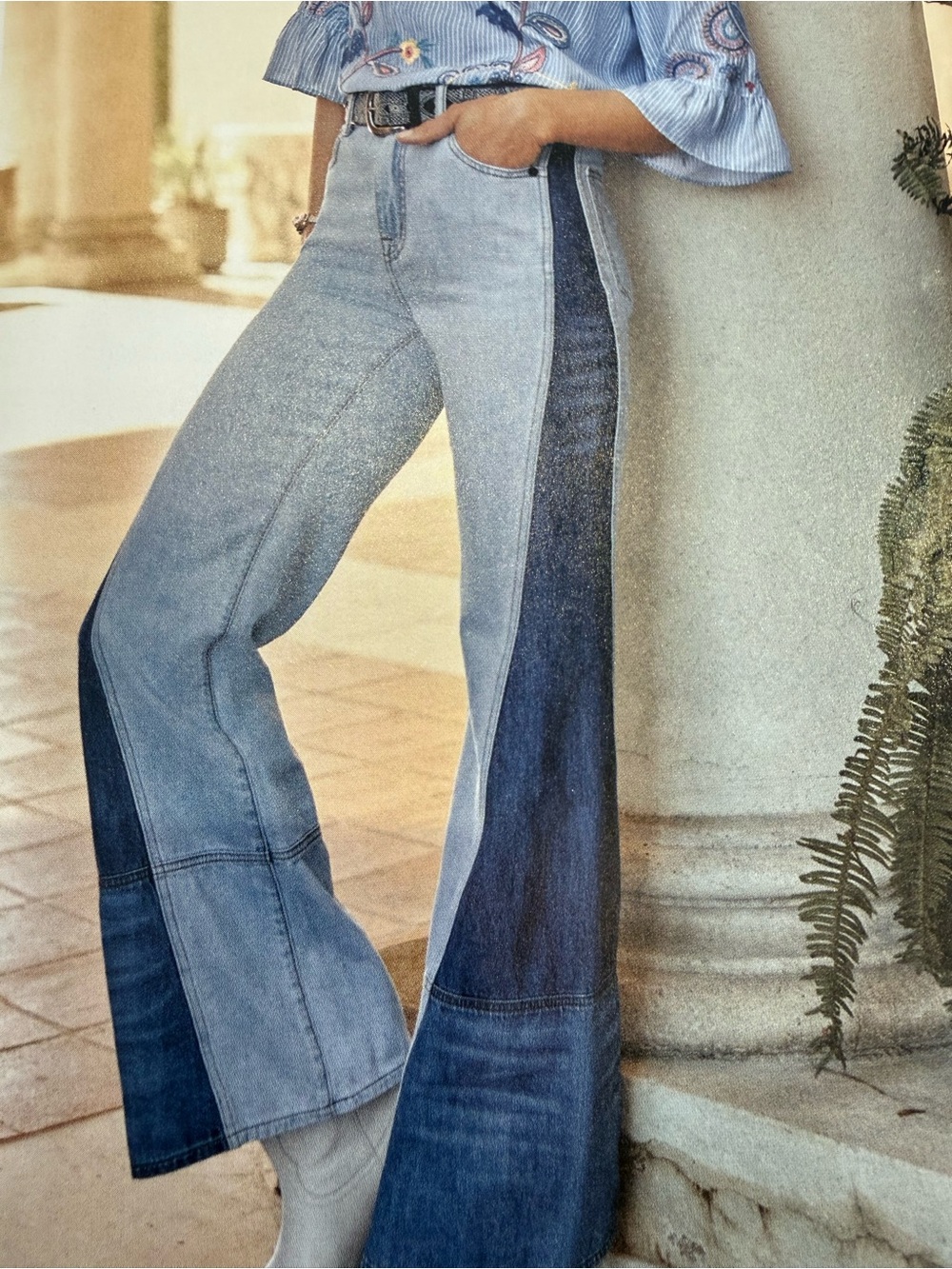 Johnny Was Two-Tone Blue High-Waist Flared Jeans